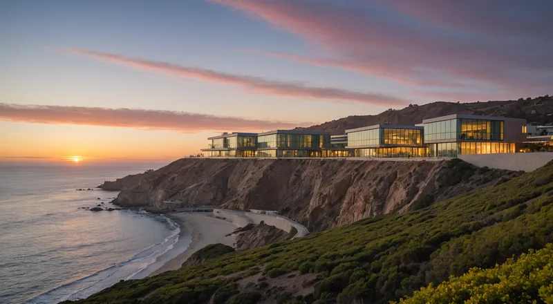 Wide-angle view of the Torrey Pines coastal research corridor at dusk
